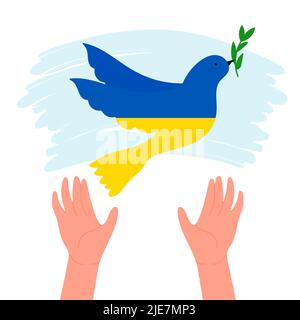 Hände, die Taube in gelb-blauen Nationalfarben der ukrainischen Flagge freisetzen. Cartoon-Taube mit Olivenzweig fliegen in die Luft flache Vektor-Illustration. Internationales Friedenssymbol, Freiheit, Glaubenskonzept Stock Vektor