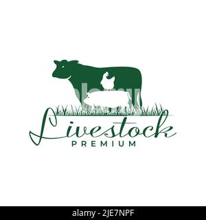Farmtier, Kuh, Huhn und Schwein Logo Inspiration Flachdesign. Vintage Western Bauernhof Vektor Illustration Konzept Stock Vektor
