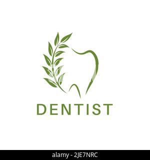 Dental Logo Design, Natur mit grünen Blatt Linie Symbol, Zahnarzt, einfache Vektor-Vorlage Stock Vektor