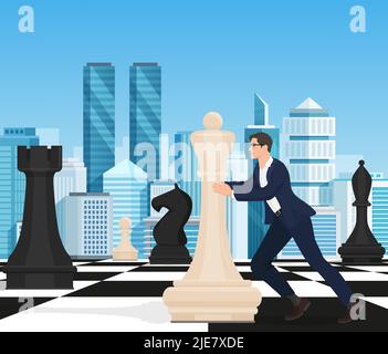 Schachstrategie und Taktik des Unternehmenswettbewerbs, Vektor-Illustration zur Karriereplanung. Cartoon Geschäftsmann spielen Spiel, Mitarbeiter Spieler hält weiße Königin auf Schachbrett Hintergrund zu bewegen Stock Vektor