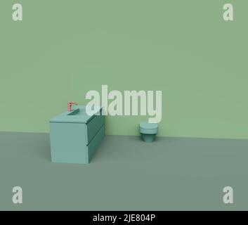 3D Rendering von Kommode und Becken isoliert auf Pastel Hintergrund, 3D Hintergrund minimale Szene Stockfoto