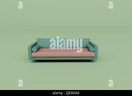 3D Render Sofa mit zwei runden Kissen isoliert auf Pastell Hintergrund, 3D Hintergrund minimale Szene Stockfoto