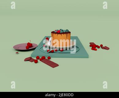 3D Render von Geburtstagstorte Schokoladenfarbe, mit Kirsche auf Teller 3D Illustration isoliert auf Pastellfarben, minimale Szene Stockfoto