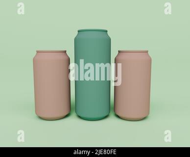 3D Render von drei rosa und grünen Soda kann auf Pastell Hintergrund isoliert, 3D Hintergrund minimale Szene Stockfoto