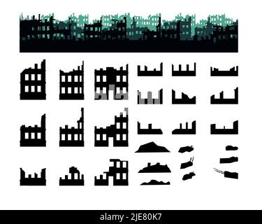 Satz von Häusern und Schutt. Die Stadt ist ruiniert. Apokalypse Natur oder Krieg. Isoliert auf weißem Hintergrund. Traurige Landschaft der Zerstörung. Vektor. Stock Vektor