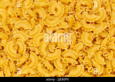 Getrocknete Makkaroni-Jakobsmuscheln. Pasta vermicelli Textur, Nudeln Hintergrund. Draufsicht. Stockfoto