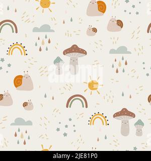 Nahtloses Muster mit handgezeichneten bunten Pilzen und Schnecke. Niedliches Digitalpapier für den Herbst. Kreatives Kindermuster. Vektorgrafik Stock Vektor