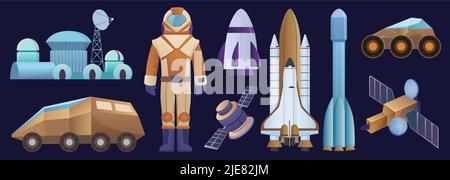 Raumobjekte setzen Vektordarstellung. Cartoon Astronaut Charakter, Rakete und Raumschiff, Antennen und Teleskope auf der Station für Galaxienforschung, cosmo Sammlung auf blauem Hintergrund isoliert Stock Vektor
