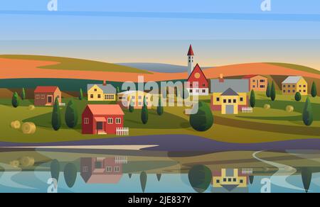 Europäisches Dorf oder kleine Stadt in Landschaft bei Sonnenaufgang Vektorgrafik. Cartoon ländliche Häuser, Wasser von Fluss oder See, Wiese und Felder auf dem Bauernhof in fernen, Vorort Panorama Hintergrund Stock Vektor