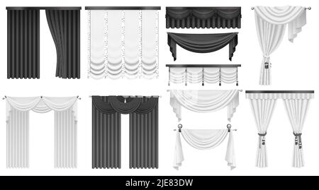 Schwarz-weiße Vorhänge setzen Vektor-Illustration. Realistische 3D offene und geschlossene Seide, Samt oder Satin klassische Vorhänge drapieren, Luxus hängende Tuch für Vorhänge Fenster, Innendekoration Hintergrund Stock Vektor