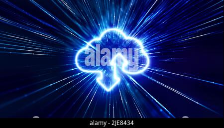 Panzerung Wolke Speicher-Schild mit zwei auf und ab Pfeile auf abstrakten Tunnel-Daten Hintergrund. Cloud-Computing-Konzept. Stockfoto