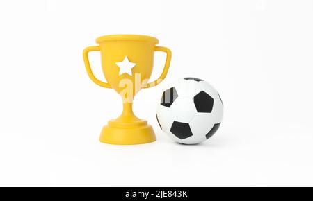 Pokal und Fußball auf isoliertem Hintergrund. 3D Rendern. Stockfoto