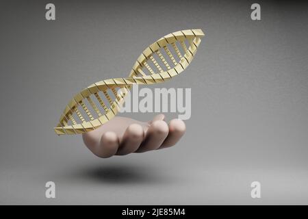 Schöne abstrakte Illustrationen Golden Hand hält DNA-Molekül Symbol Symbol auf einem grauen Hintergrund. 3D Rendering-Illustration. Hintergrundmuster für Stockfoto