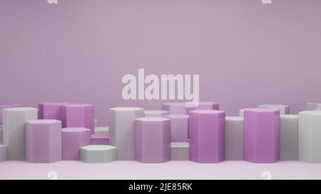 Pastellfarben Formen auf Rosa Pastellfarben abstrakter Hintergrund. Minimales sechseckiges Podium. Szene mit geometrischen Formen. Leere Vitrine, kosmetisches Produ Stockfoto