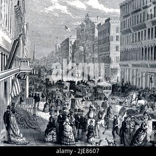 Broadway in New York City, USA, geschäftige Straßenszene im 19. Jahrhundert, historische Illustration Stockfoto