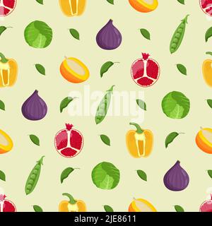 Obst und Gemüse nahtloses Muster. Vegetarisches Essen, gesundes Esskonzept. Flache Vektorgrafik Stock Vektor