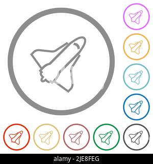 Space Shuttle umreißt flache Farbsymbole in runden Umrissen auf weißem Hintergrund Stock Vektor