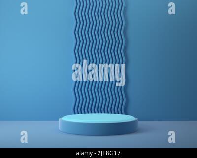 3D Abbildung des blauen Podeststandes mit welligen Hintergrund für Produktpräsentation, Arbeitsweg oder Clipping Path enthalten Stockfoto