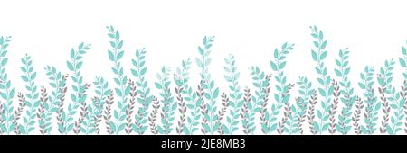 Blau grau Blätter Silhouette horizontale Grenze. Rahmenrand für Stoff, Einladungskarten, Hochzeitskarten. Vektor nahtloser Wiederholungsrahmen Stock Vektor