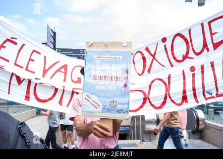 Ein Plakat, Port-la-Nouvelle, Kundgebung gegen das Klimaschutzprojekt des Industriehafens. Regionale Demonstration gegen die GPII (große nutzlose und aufgezwungene Projekte). Autobahn, Umgehungsstraßen, Nutztierfarmen, Staudämme, Logistikplattformen, Verrückte Forstbetriebe, Photovoltaik- und Industriewindparks, Wiedereröffnung von Minen, Erweiterung eines Hafens, Immobilienkomplex und Golfplatz, LGV, Stadtwarzen, Megatransformator mit seinen VHT-Linien, Einsatz der 5G und seiner zerstörerischen digitalen Technologie. Frankreich, Toulouse am 25. Juni 2022. Foto von Patricia Huchot-Boissier/ABACAPRESS.COM Stockfoto