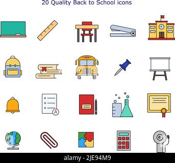 Symbol für „Zurück zur Schule“ eingestellt. Umriss buntes Symbol, Pixel perfekt Stock Vektor