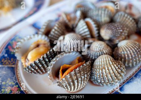 Selektiver Fokus, gekochte oder gekochte Herzmuschel auf dem geschlagenen Gericht und Meeresfrüchte-Gewürzsauce auf der Seite servieren. Stockfoto