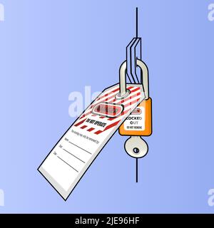 Sperren, kennzeichnen Sie die Teile mit einem Gefahrenschild-Vektor-Clipart-Bild. Warnung „Gefahr“ und „nicht in Betrieb nehmen“. Maschinen- und Elektroanlagen sowie Sicherheitseinrichtungen Stock Vektor