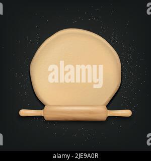 Vector 3D Realistic Roh Bread, Pizza Rolled Teiggebäck, Rolling Pin, Teigwalze. Teig, Mehl Mischen. Vorlage für Backen, Pizza, Kekse Stock Vektor