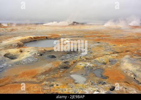 Kochender Schlamm und Fumarolen im geothermischen Gebiet von Hverir. Myvatn, Island Stockfoto