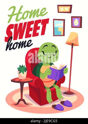 Cartoon Schildkröte Poster. Gemütliches Zuhause Interieur, lustige Charakter liest Buch im Sessel, Tier im Zimmer, entspannen und Bildung, süße Hause Schriftzug, drucken Stock Vektor