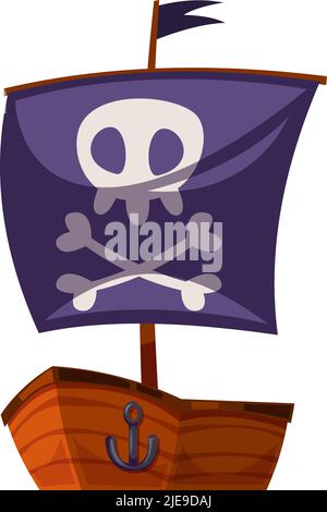 Piratenschiff. Schwarzes Segelboot im lustigen Cartoon-Stil Stock Vektor