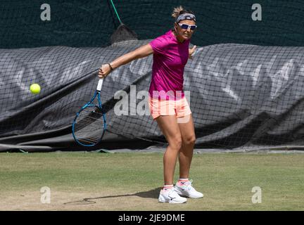 Die Belgierin Kirsten Flipkens, aufgenommen während des Wimbledon Grand Slam Tennisturniers 2022 im All England Tennis Club, im Südwesten Londons, Großbritannien, Sonntag, 26. Juni 2022. BELGA FOTO BENOIT DOPPAGNE Stockfoto