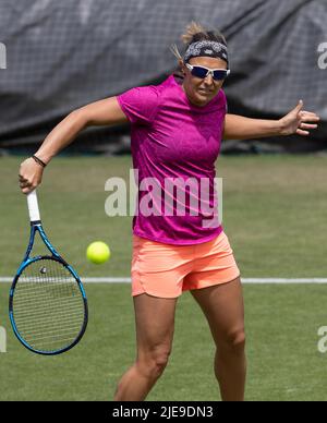 Die Belgierin Kirsten Flipkens, aufgenommen während des Wimbledon Grand Slam Tennisturniers 2022 im All England Tennis Club, im Südwesten Londons, Großbritannien, Sonntag, 26. Juni 2022. BELGA FOTO BENOIT DOPPAGNE Stockfoto