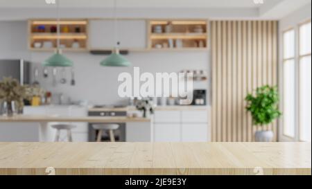Hölzerne Tischplatte auf Weichheit Küche Raum Hintergrund, moderne Küche Raum Interieur.3D Rendering Stockfoto