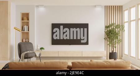 Weißer Wandfernseher auf Schrank im Wohnzimmer mit dunkelbraunem Sessel und braunem Sofa, minimalistisches Design.3D Rendering Stockfoto