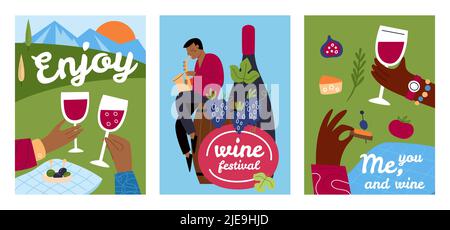 Cartoon Weinkarten. Picknick in der Natur. Wunderschöne Aussicht. Desserts und Traubengetränke. Mann spielt Saxophon. Hände halten die Brille. Alkoholfestival Stock Vektor