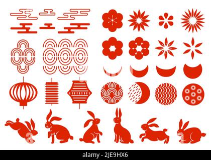 Traditionelle chinesische Ornamente. Rote Neujahrskaninchen. Verschiedene traditionelle Dekorationselemente. Himmel Wolken oder Mond. Asiatische Urlaubssymbole. Silhouette Stock Vektor