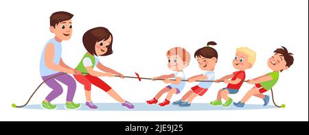 Kinder spielen mit Erwachsenen ein Tauziehen. Familie zieht an einem Seil. Konkurrenzfähiges Spiel. Spielsportarten und Aktivitäten für Kinder. Stärkemessen. Jugendliche und Eltern Stock Vektor