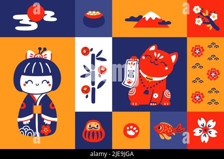 Japanisches Spielzeug. Traditionelle Symbole. Orientalische Souvenirs. Maneki Neko Katze. Geldfisch. Kokeshi und Daruma. Poster zur asiatischen Kultur. Sakura blüht und Stock Vektor