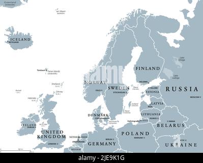 Nordeuropa, graue politische Landkarte. Britische Inseln, Fennoscandia, Jütland-Halbinsel, Baltische Ebene und Inseln vor dem nordeuropäischen Festland. Stockfoto