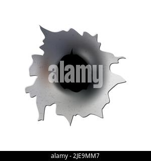 Einschusslöcher von Pistole oder Pistole. Schießen Sie in Metall Einzel-und Doppel-Loch. Beschädigungen und Risse an der Oberfläche. Vektor auf Hintergrund isoliert Stock Vektor