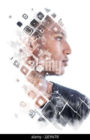 Paintographie Porträt eines Mannes gemischt mit einem handgezeichneten Muster Stockfoto