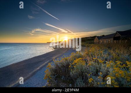 The Seven Sisters at Birling Gap bei Sonnenuntergang im South Downs National Park, Eastbourne, East Sussex, England, Großbritannien, Gb Stockfoto