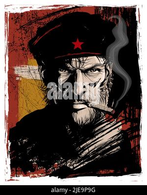 Nahaufnahme eines ernsthaften kubanischen Revolutionärs mittleren Alters mit Zigarren - Vektorgrafik Stock Vektor