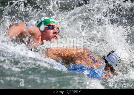 Budapest, Ungarn. 26.. Juni 2022. Team HUN Ungarn RASOVSZKY Kristof, Team ITA Italien, PALTRINIERI Gregorio4x1500m Gemischte Staffel Finale Open Water Swimming FINA 19. World Championships Budapest 2022 Budapest, Lupa Lake 26/06/22 Foto Andrea Masini/Deepbluemedia/Insidefoto Kredit: Insidefoto srl/Alamy Live News Stockfoto