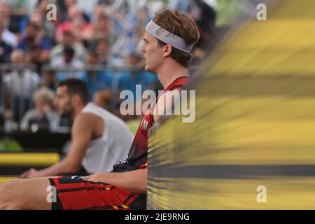 Der belgische Thibaut Vervoort, aufgenommen während eines 3x3-Basketballspiels zwischen Belgien und Serbien, im Halbfinale der Männer bei der Weltmeisterschaft 2022 der FIBA, am Sonntag, 26. Juni 2022, in Antwerpen. Die FIBA 3x3 Basket World Cup 2022 findet vom 21. Bis 26. Juni in Antwerpen statt. BELGA FOTO DIRK WAEM Stockfoto