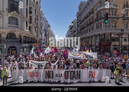 Madrid, Spanien. 26.. Juni 2022. Demonstranten halten während einer Demonstration Fahnen und Transparente. Hunderte von Menschen nahmen an einer Demonstration gegen den NATO-Gipfel Teil, der nächste Woche in Madrid stattfinden wird. Kredit: SOPA Images Limited/Alamy Live Nachrichten Stockfoto