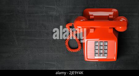 Rotes Telefon auf schmutzigem Hintergrund. Draufsicht auf Vintage Retro-Druckknopftelefon. 3D Abbildung Stockfoto