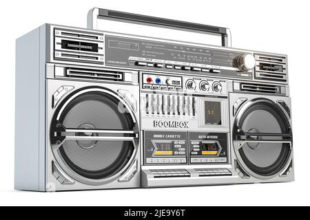 Retro Ghetto Blaster Boombox, Radio und Tonbandgerät isoliert auf weiß. 3D Abbildung Stockfoto