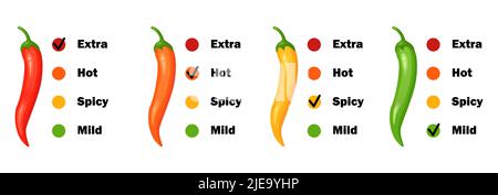 Scharf würzige Stufe mit flammendem Pfeffer. Infografik Design-Vorlage mit rotem Chili auf weißem Hintergrund. Vektorgrafik Stock Vektor